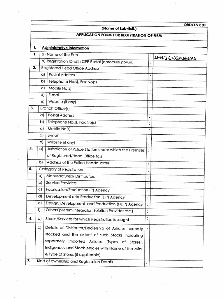 DRDO Vendor Registration Application Form | PDF | Factory | Value Added Tax