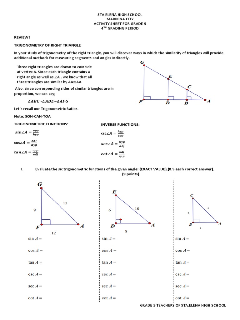 Grade 9 Trigonometry Review | PDF | Trigonometry | Triangle