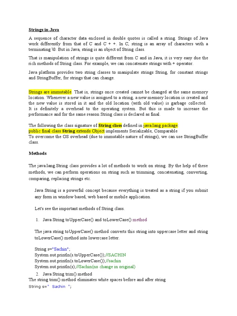 Strings in Java Immutable, Methods, StringBuffer Class PDF String