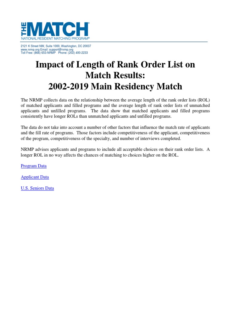 Impact of Length of Rank Order List On Match Results 2019 Main ...