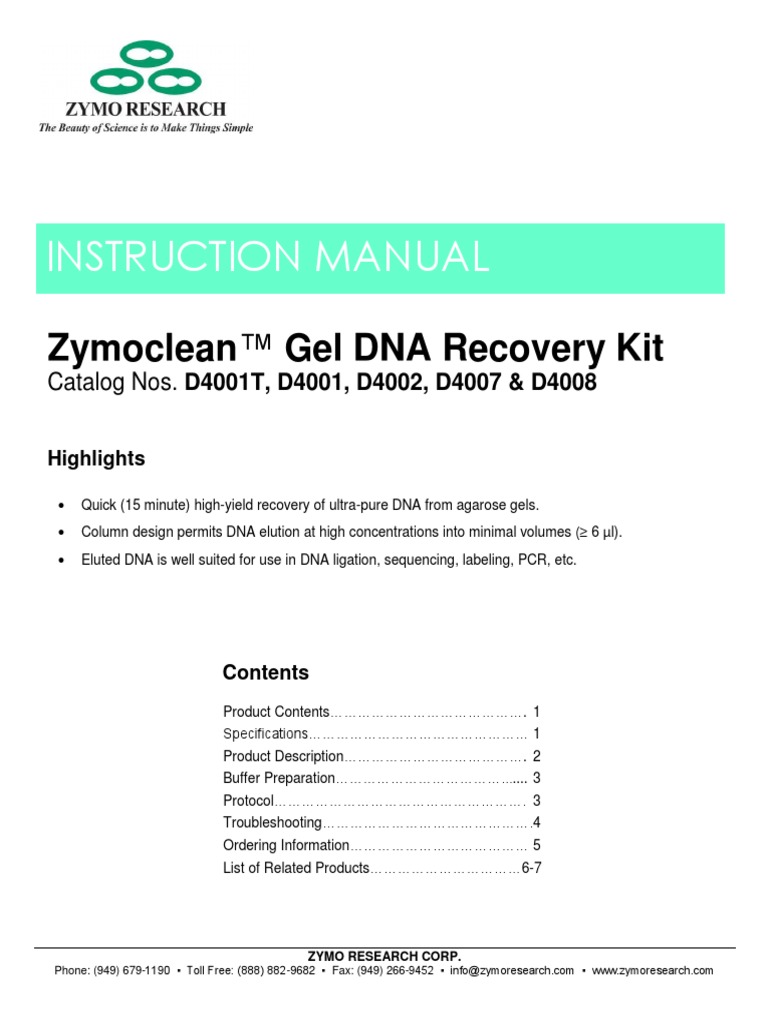D4001S Zymoclean Gel Dna Recovery Kit PDF PDF Dna Methylation