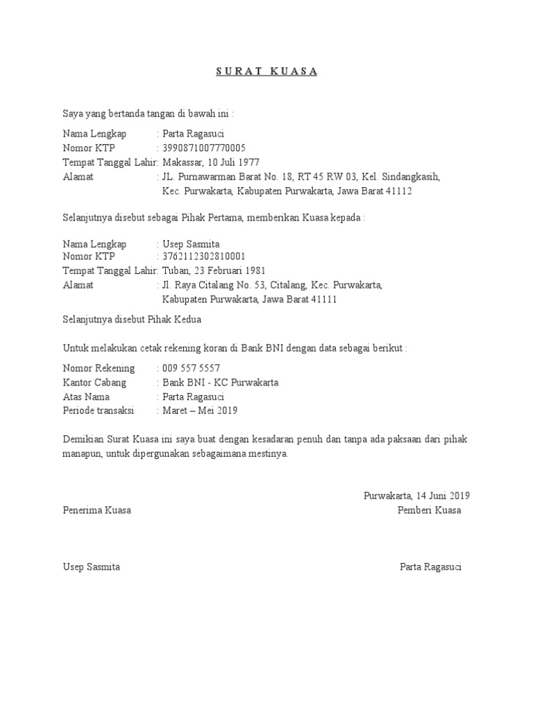Contoh Surat Kuasa Cetak Rekening Koran Di Bank Bni Pdf