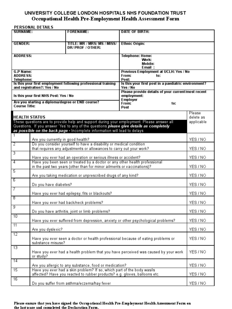 Occupational Health PreEmployment Health Assessment Form March 08