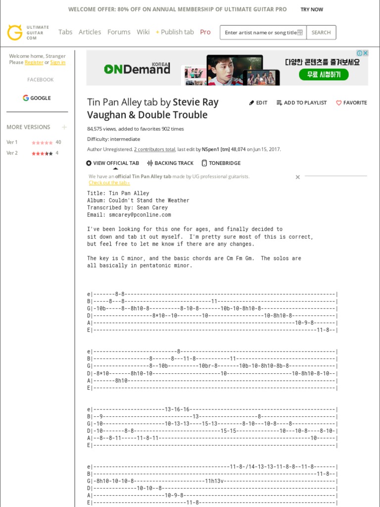 TIN PAN ALLEY TAB by Stevie Ray Vaughan & Double Trouble at Ultimate