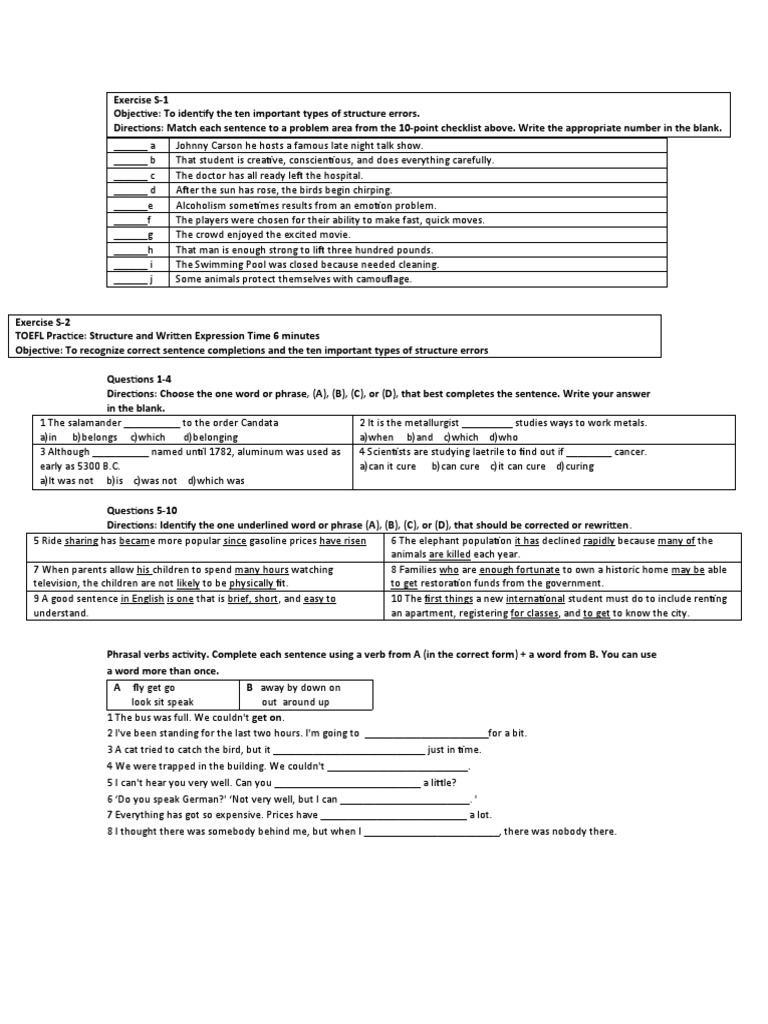 Structure Errors and TOEFL Practice Exercises | PDF | Phrase | Language ...