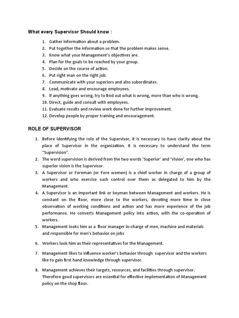 Supervisor Responsibilities and Functions | PDF | Supervisor ...