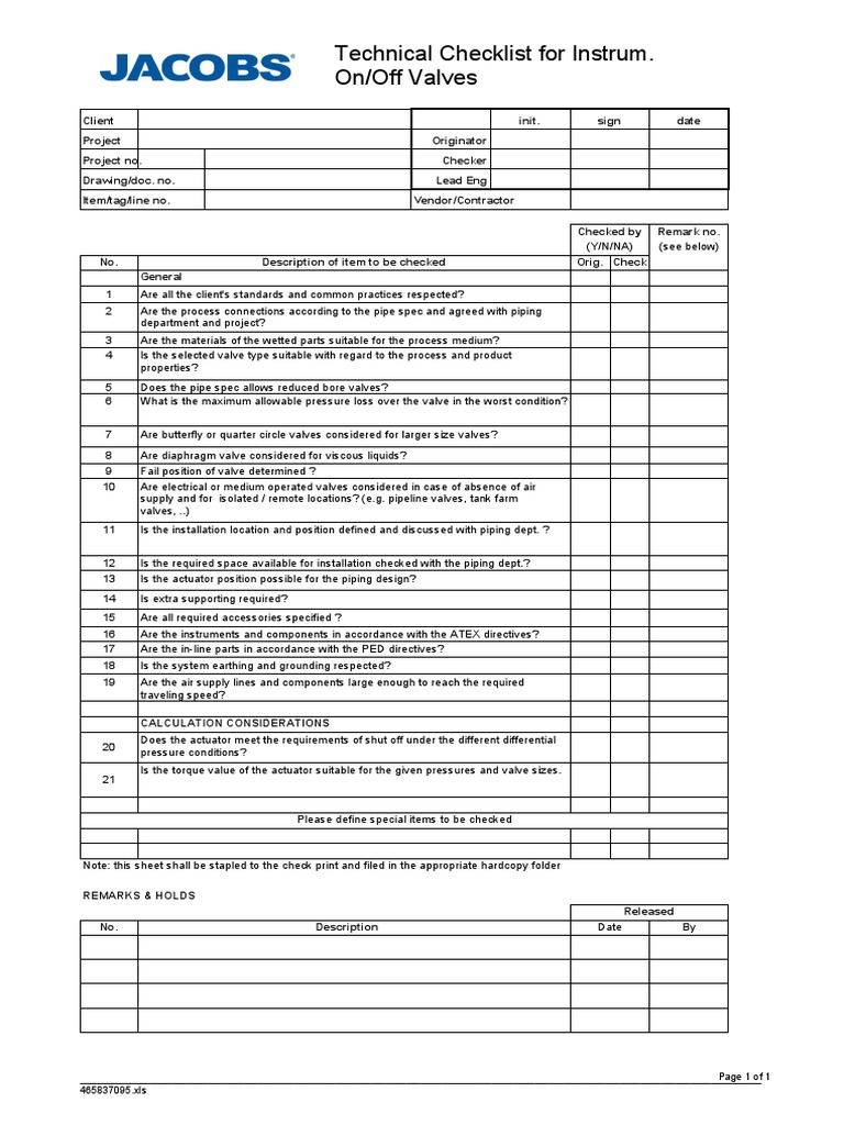 BE-WI-203-08-F04 Technical Checklist Instrumentation - On-Off Valves ...