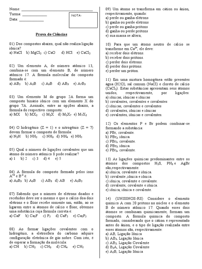 Prova de Ligações Químicas - 9º Ano | PDF | Ligação química | Ligação ...