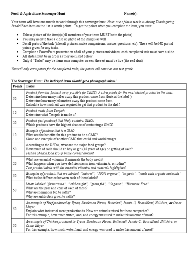 Food Scavenger Hunt Biology Diagrams