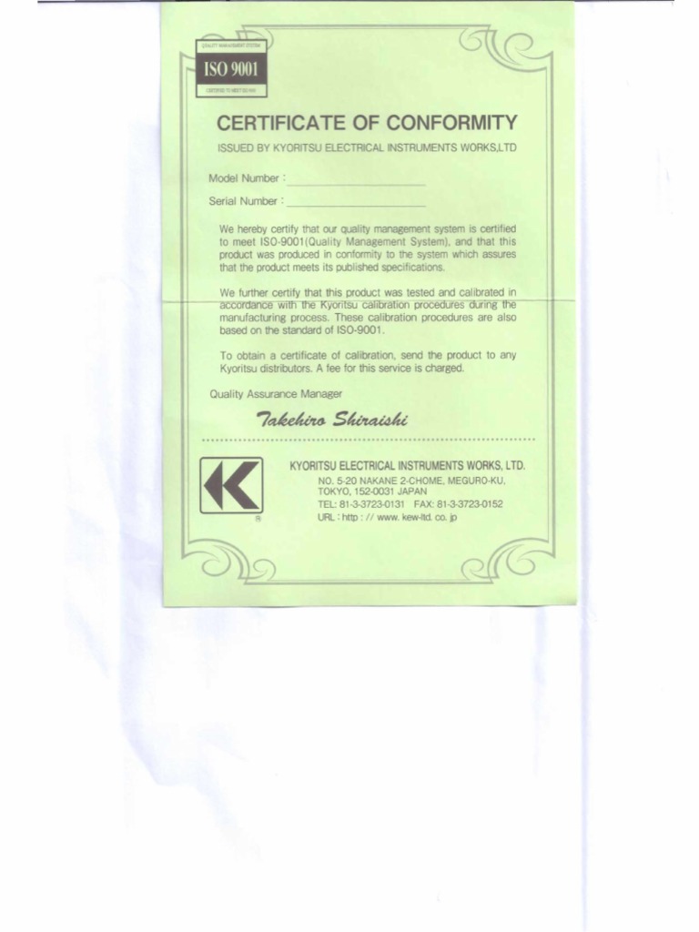 Kyoritsu Certificate of Conformity PDF PDF