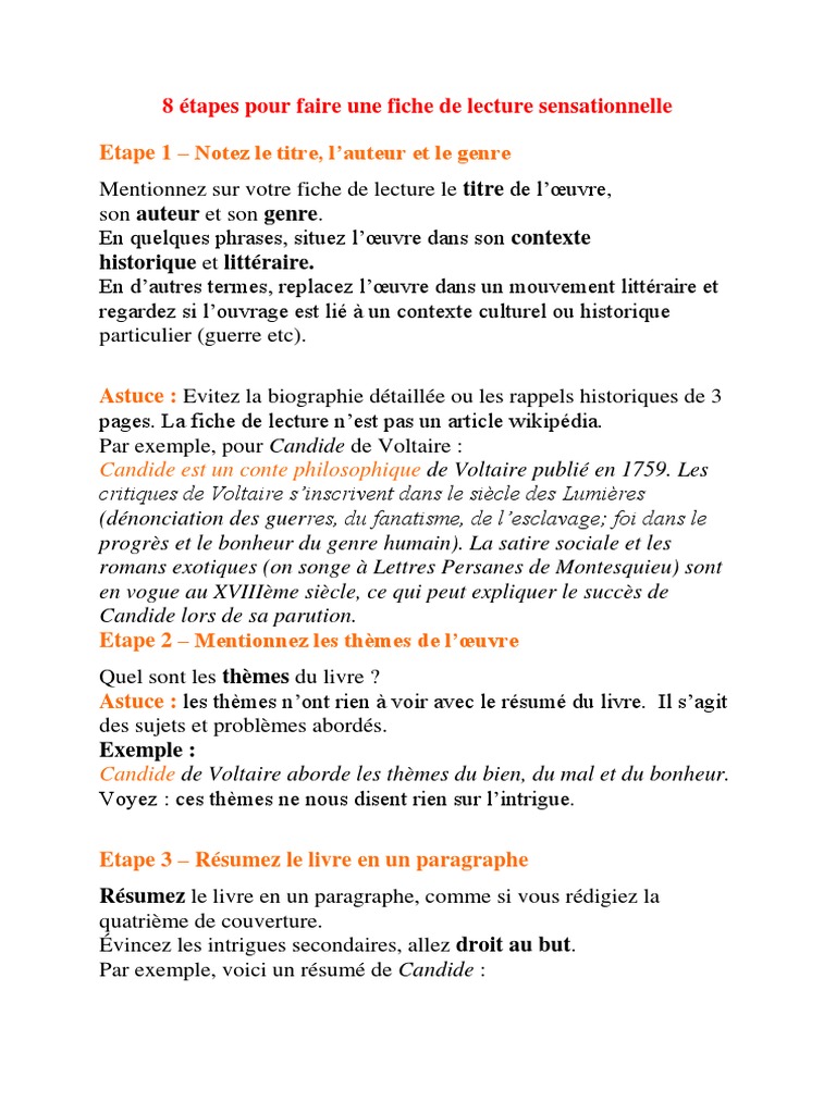 Tour B2 Mon Amour Résumé Chapitre Par Chapitre 8 Étapes Pour Faire Une Fiche de Lecture Sensationnelle | PDF | Candide |  Science