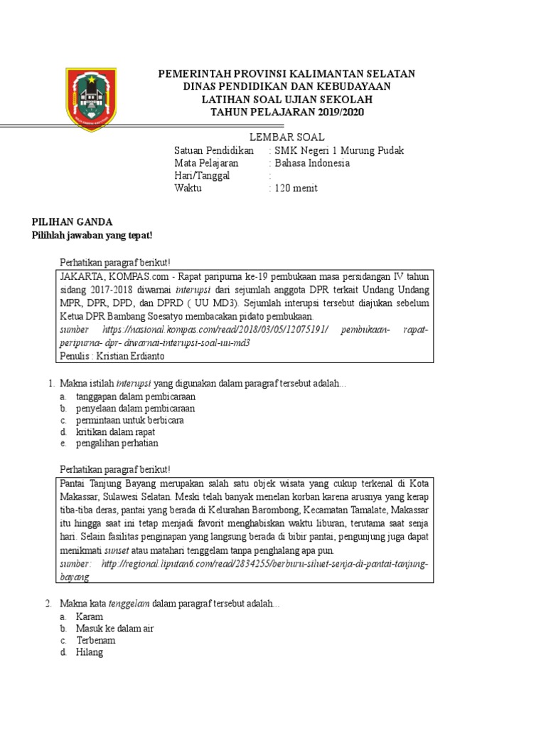Latihan Soal Ujian Sekolah Mapel Bahasa Indo 2020 2
