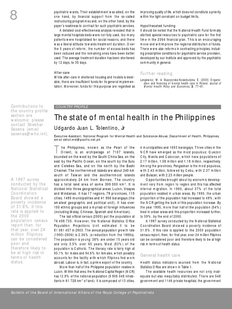 The State of Mental Health in The Philippines PDF | PDF | Psychiatry ...