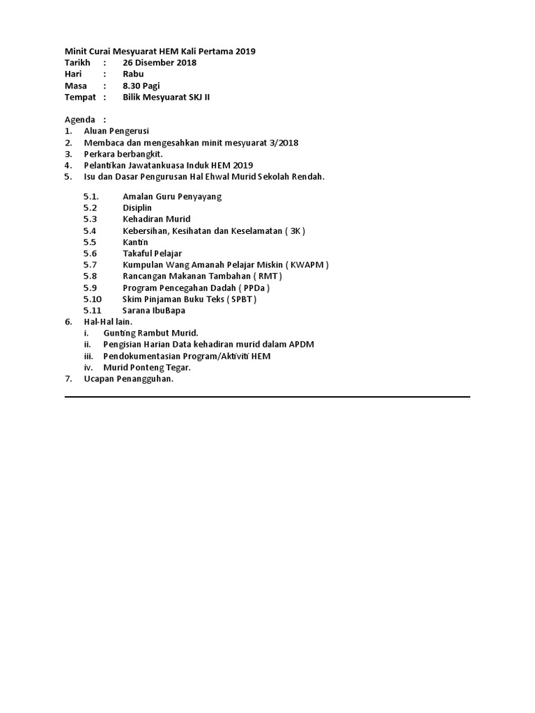 Minit Curai Mesyuarat Hem Kali Pertama 2019 Pdf