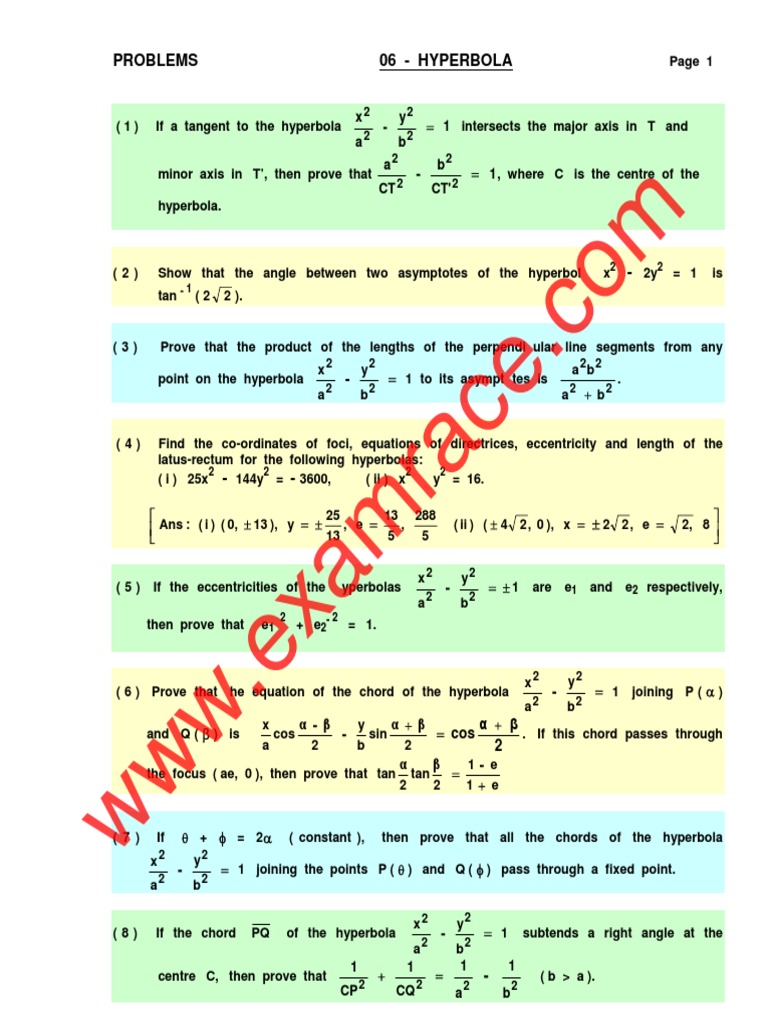 Hyperbola Problem Set and Solutions | PDF | Differential Geometry ...