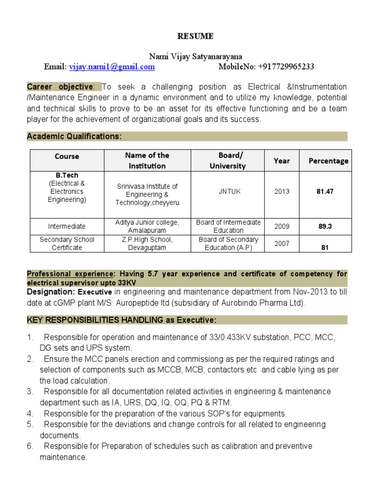Electrical Maintenance Engineer Objective | PDF | Electrical Substation ...