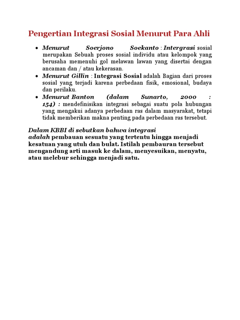 Pengertian Integrasi Sosial Menurut Para Ahli Pdf