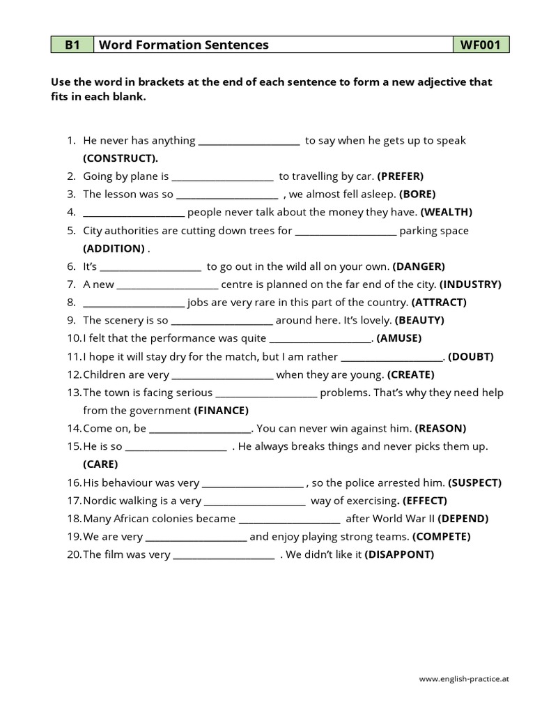 B1 Word Formation Adjective Exercises | PDF | Games & Activities