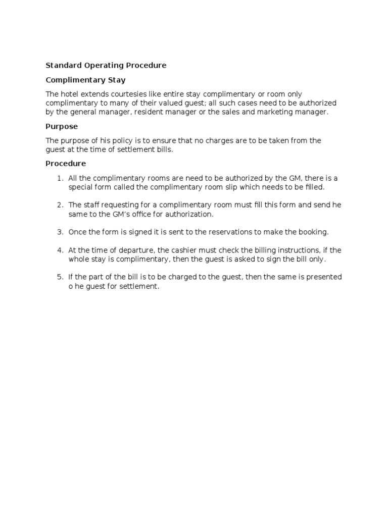 Hotel SOP On Complimentary Stay | PDF