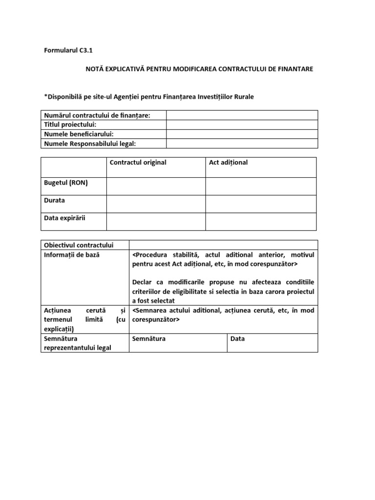 Formular C3.1-Nota Explicativa Modificare Contract de Finantare | PDF