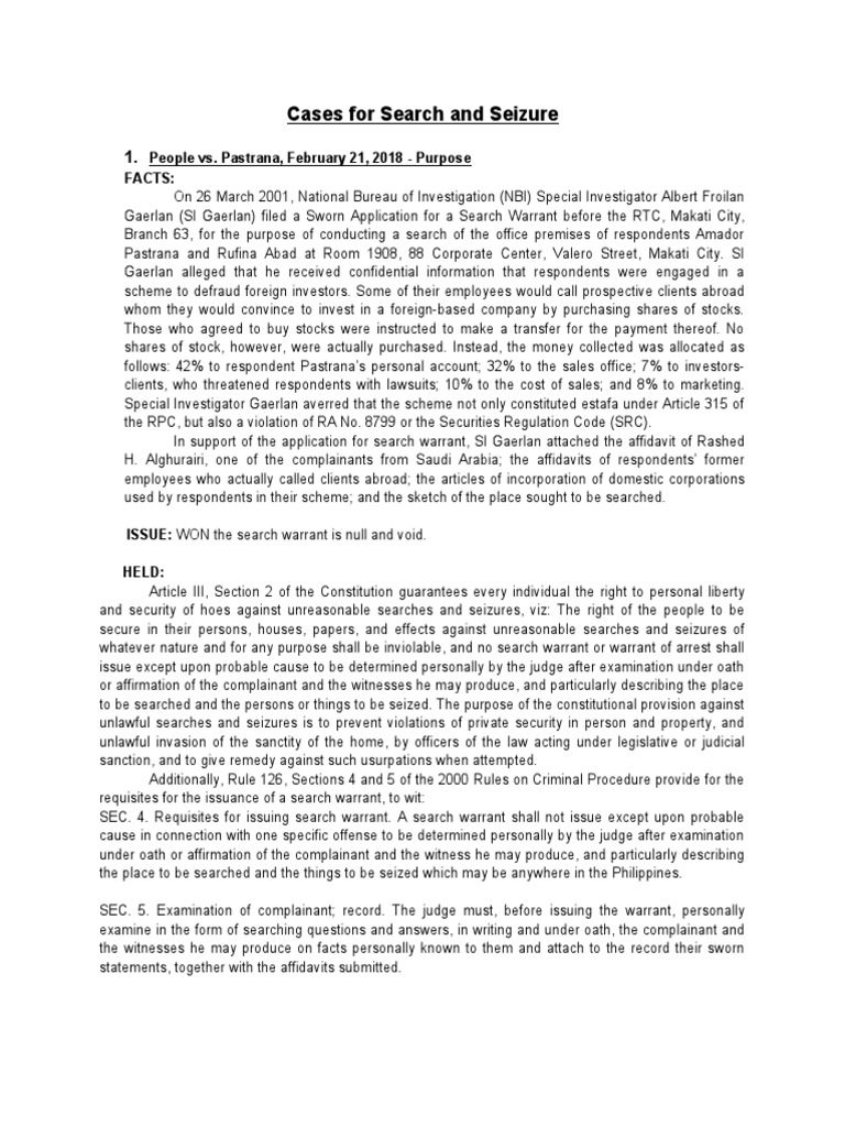 Search and Seizure Case Summaries | PDF | Search And Seizure | Fourth ...