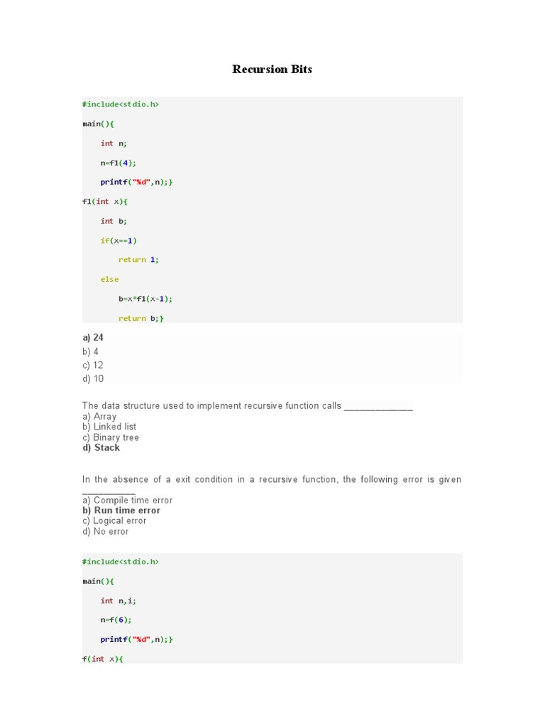Recursion in C Programming Quiz | PDF | Subroutine | Applied Mathematics