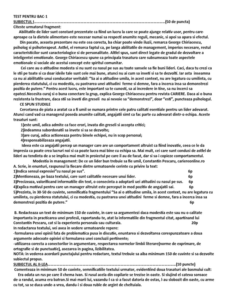 Test BAC ROMANA | PDF