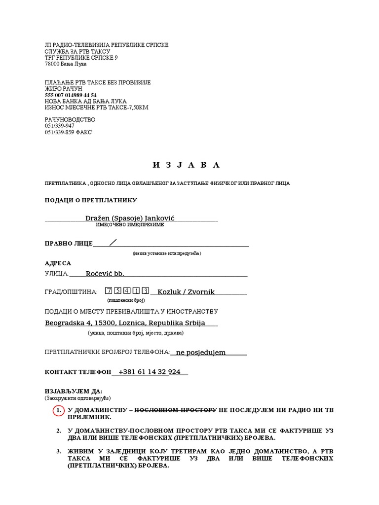 Obrazac Za Odjavu RTV Takse | PDF