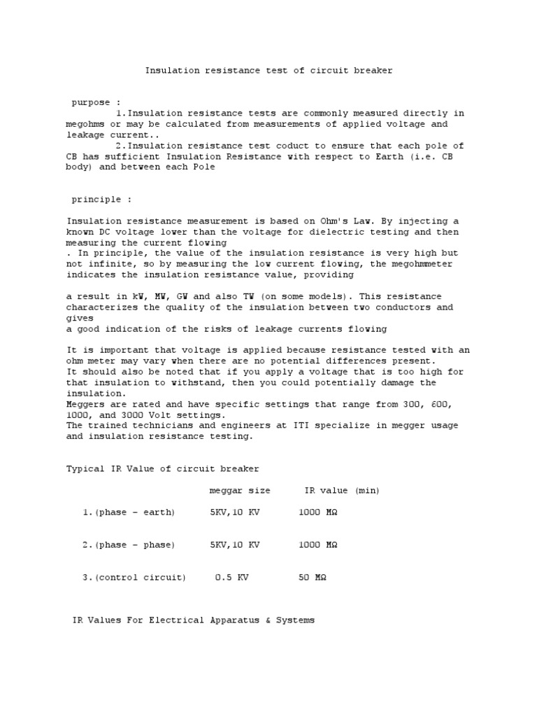 Circuit Breaker Insulation Resistance Test | PDF | Electrical ...