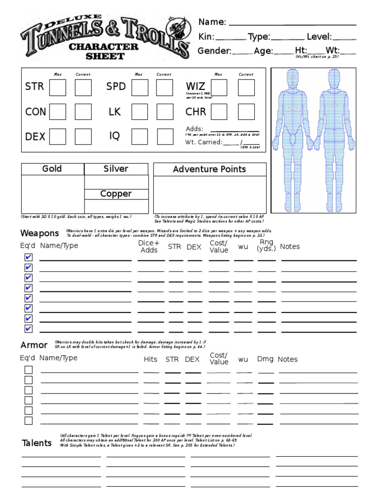 Tunnels and Trolls Deluxe Edition Character Sheet MW V4 Fillable