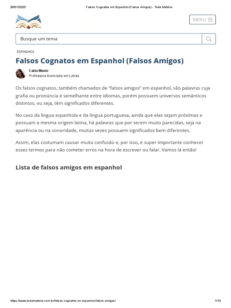 Falsos Cognatos em Espanhol (Falsos Amigos) - Toda Matéria | PDF ...