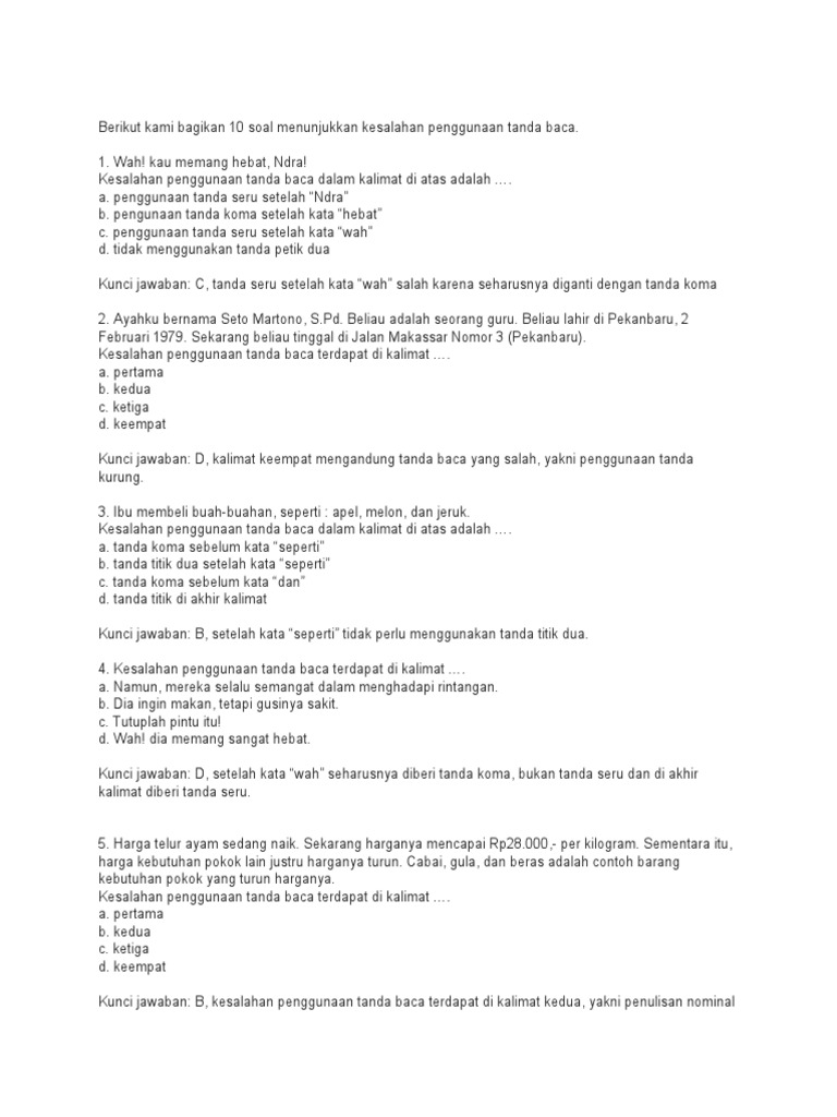Berikut Kami Bagikan 10 Soal Menunjukkan Kesalahan Penggunaan Tanda Baca Docx