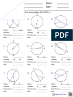 Math geometry worksheet with radius, diameter, circumference and area problems