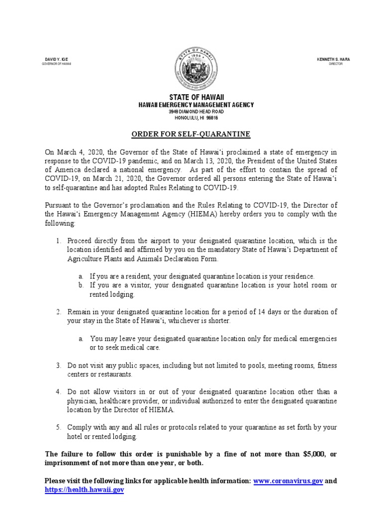 Hawaii Order For SelfQuarantine PDF Quarantine Hawaii