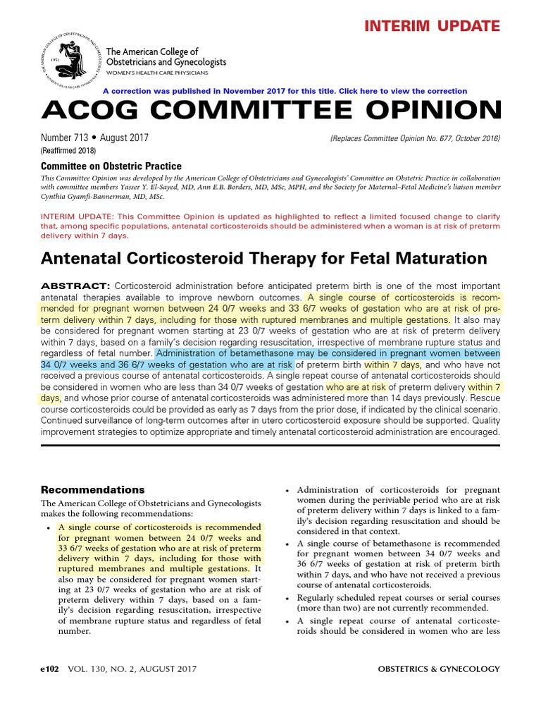 ACOG Fetal Maturity Guidelines PDF | PDF | Preterm Birth | Prenatal ...