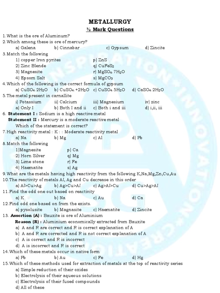 Metallurgy Exam: ½ Mark Questions | PDF | Redox | Metals
