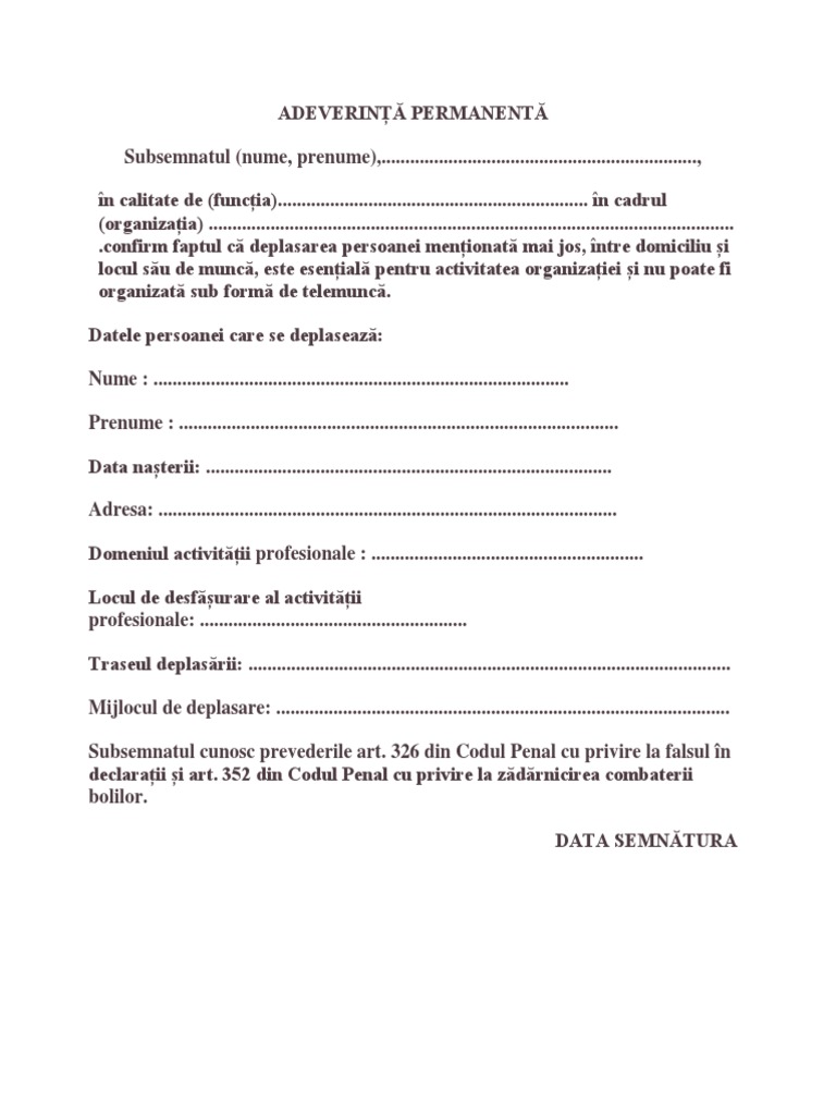 AdeverinÈ›Äƒ PermanentÄƒ