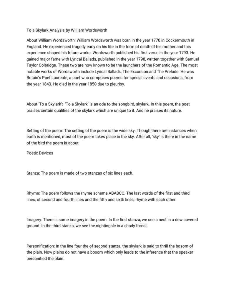 To A Skylark | PDF | William Wordsworth | Poetry