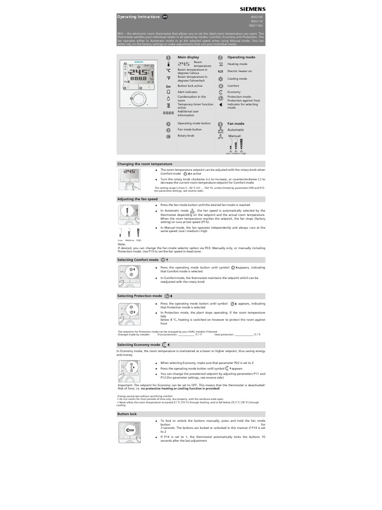 Siemens RDG100 Thermostat Manual | PDF | Thermostat | Engineering ...