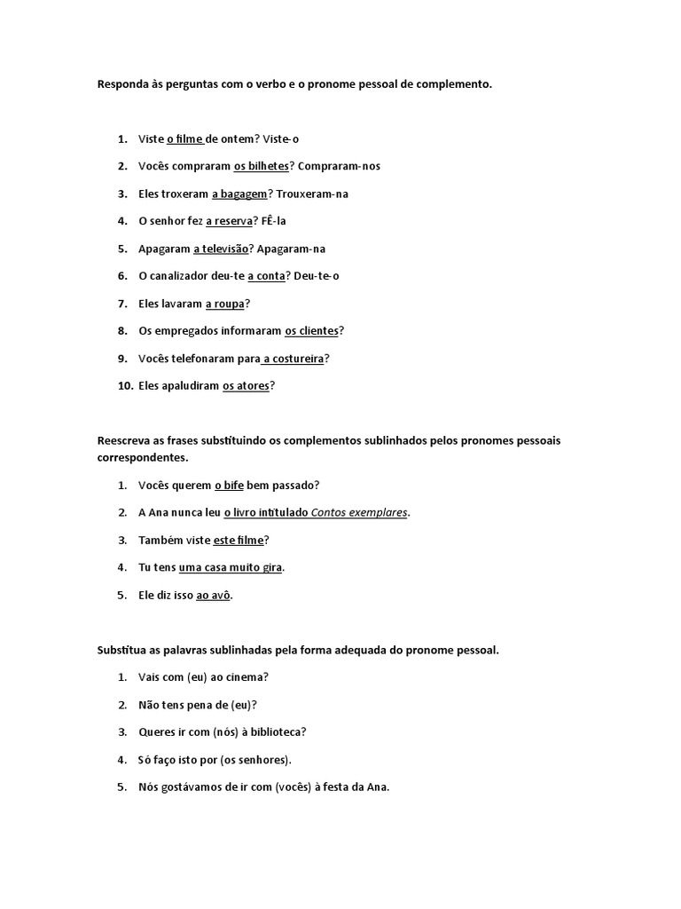 Responda Às Perguntas Com o Verbo e o Pronome Pessoal de Complemento ...