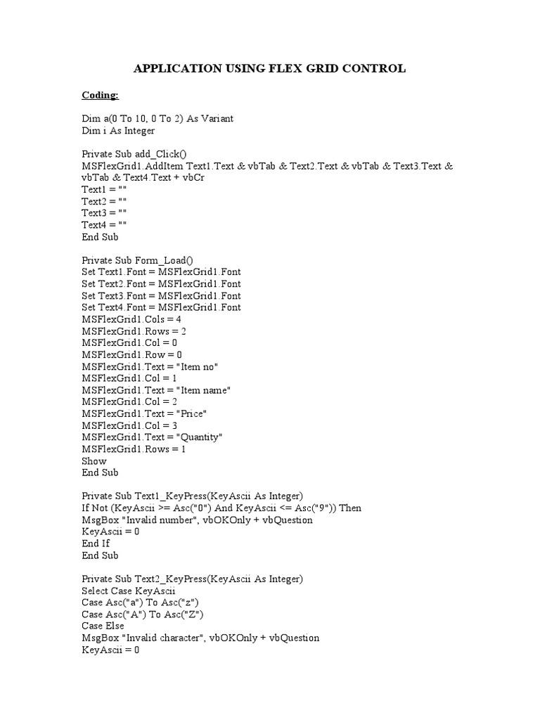 Application Using Flex Grid Control: Coding | PDF | Information ...