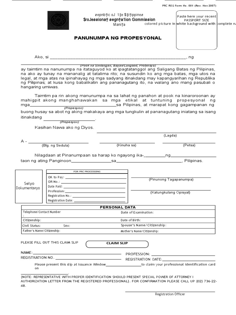Oath of Professional Form and Registration Procedures for the ...