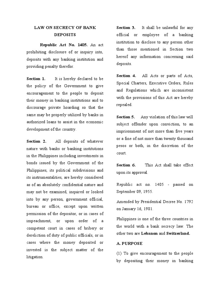 Law On Secrecy of Bank Deposits PDF Garnishment Deposit Account
