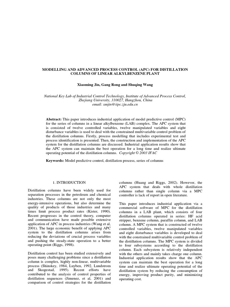 Modelling and Advanced Process Control For Distillation Columns PDF ...