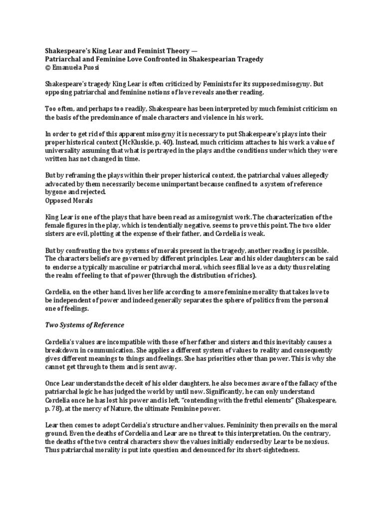 Lear A Feminist Critique Download Free PDF King Lear Patriarchy