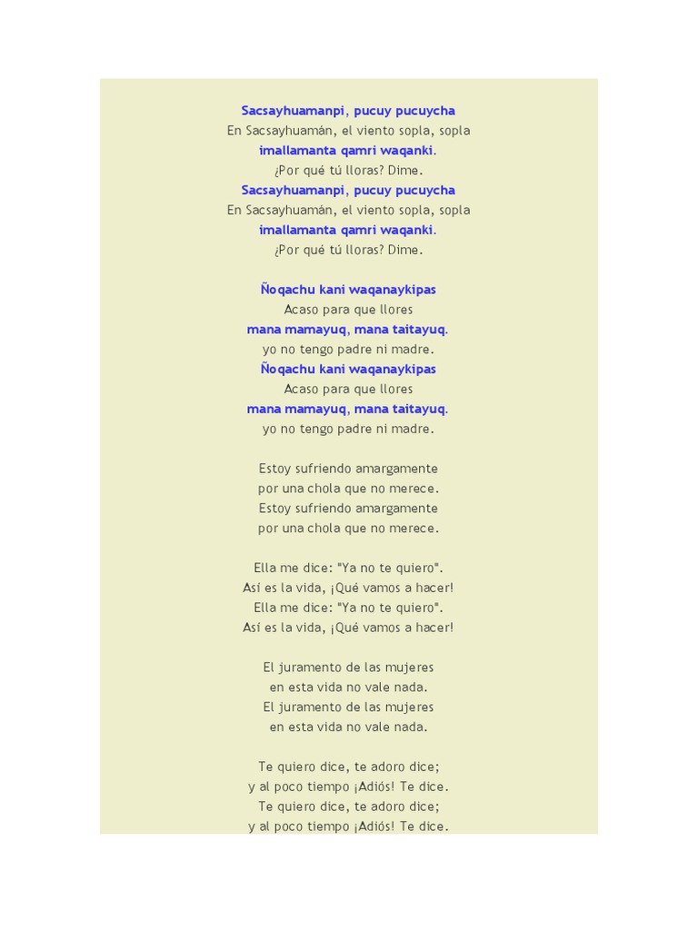 Letras de Sacsayhuamanpi y Danzas Peruanas | PDF | Entretenimiento ...