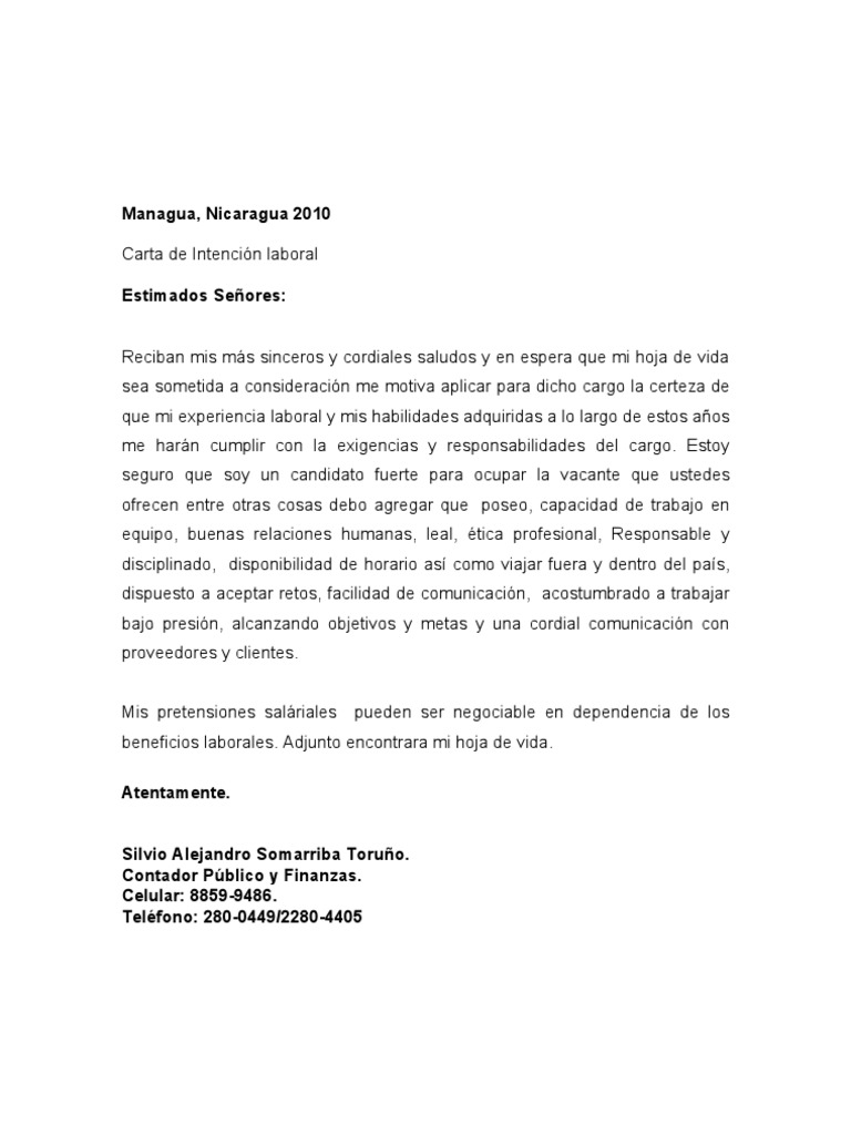 Carta de Intecion Laboral 2010  Business  Ciencia y Tecnología