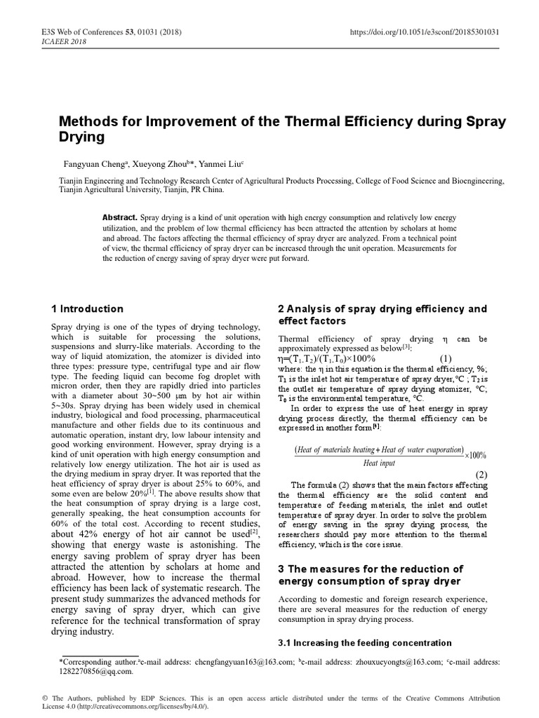 Methods of Determining Thermal Efficiency in Spray Drying Process | PDF ...