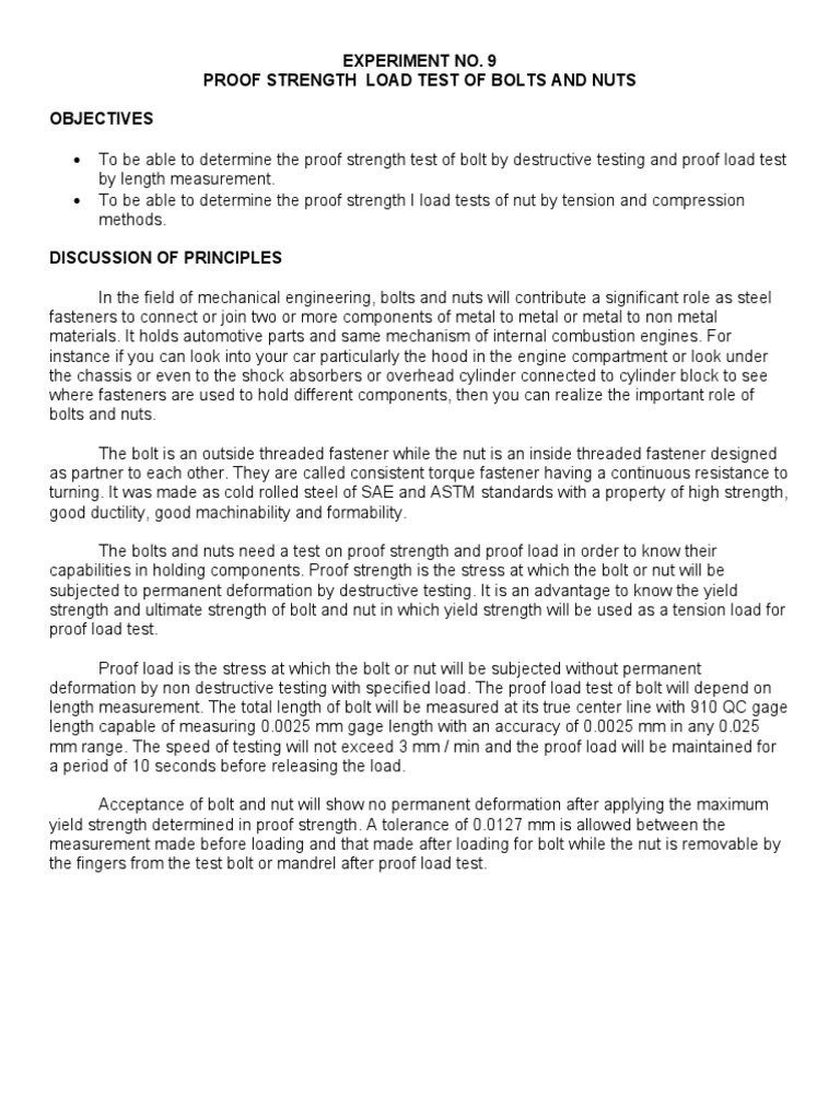 Me136p Experiment No. 9 Proof Strength Load Test of Bolts and Nuts PDF Screw Nut (Hardware)