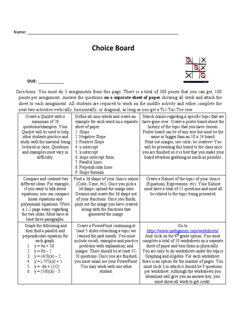 Math Student Activity Board | PDF | Slope | Worksheet